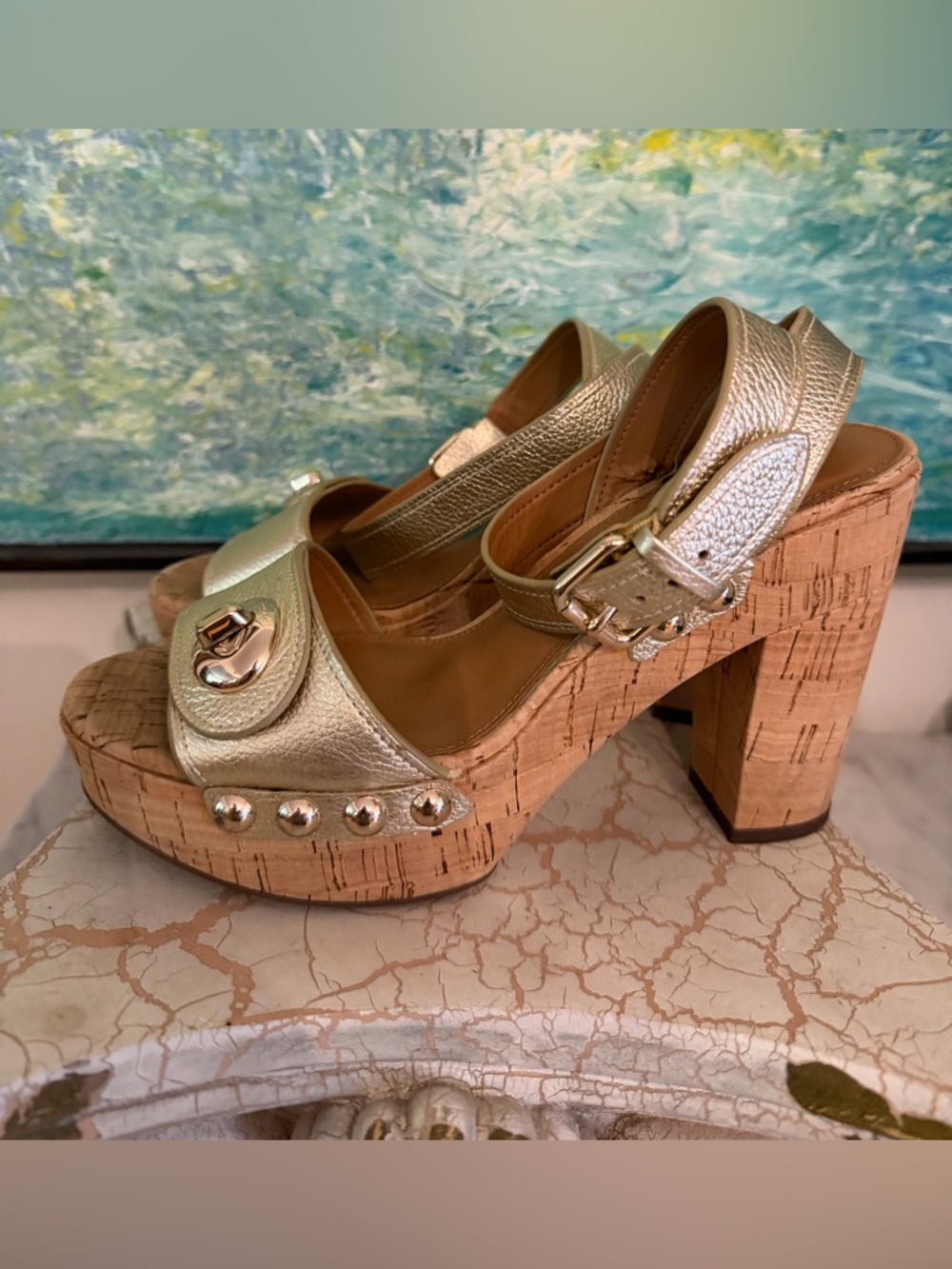 Coach Metallic Gold Cork Platform Sandals with Stud Detail